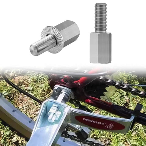 2 Pack Bicycle Axle Extenders 3/8-26 TPI Stainless Steel Extension Bolts shown with self-locking washers on rear axle of bike