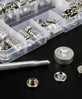 Marine Grade Stainless Steel Canvas Snap Kit With 150 Pc Heavy Duty Fasteners And 2 Pc Setting Tools, assorted fasteners in boxes.