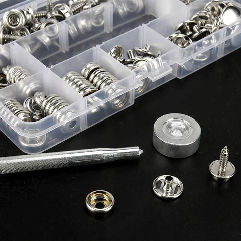 Marine Grade Stainless Steel Canvas Snap Kit With 150 Pc Heavy Duty Fasteners And 2 Pc Setting Tools, assorted fasteners in boxes.