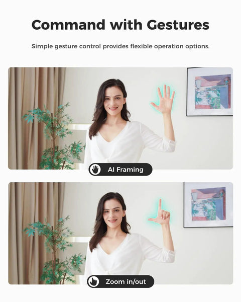 Next Level Webcam For Pc Capturing Sharp 1080P Video At 100 Fps showing gesture control for AI framing and zoom features.