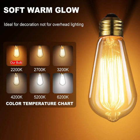 6 Pack Edison Light Bulbs With Squirrel Cage Filament, 60W, 2200K Amber Warm shown with color temperature chart
