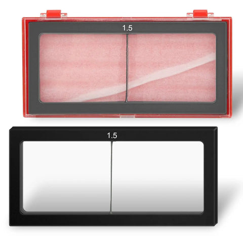 2 Pack Welding Helmet Glass Magnifier Lens With 1.5 Power Swap for sharp vision, showing two lenses in red and black holders.