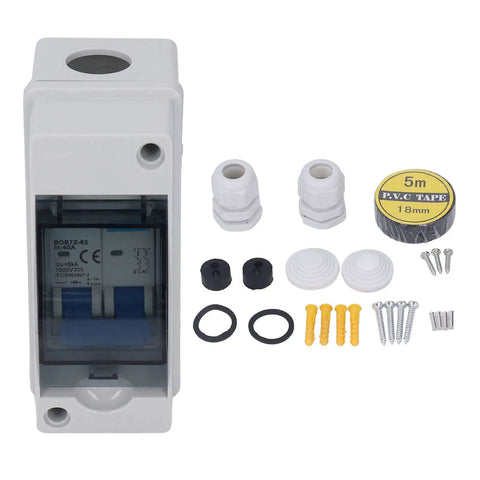 Heavy Duty DC Disconnect Switch 1000V 40A For PV Solar Panels IP65 Weatherproof Distribution Box with accessories and clear cover.