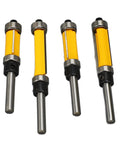 Premium 4 Piece Flush Trim Router Bit Set With 1/2 Inch Carbide Cutting Edge For Smooth Woodworking MDF And Plywood Projects Featuring Anti Kickback Design And Quick Swap Shank shown with four router bits in yellow and silver.
