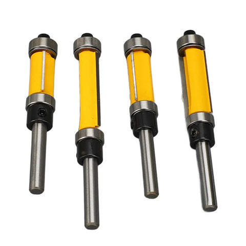 Premium 4 Piece Flush Trim Router Bit Set With 1/2 Inch Carbide Cutting Edge For Smooth Woodworking MDF And Plywood Projects Featuring Anti Kickback Design And Quick Swap Shank shown with four router bits in yellow and silver.