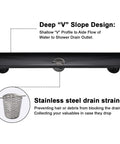 Black Sleek 36 Inch Linear Shower Floor Drain Kit in 304 Stainless Steel with hair catcher and deep V slope design.