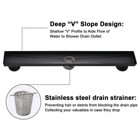 Black Sleek 36 Inch Linear Shower Floor Drain Kit in 304 Stainless Steel with hair catcher and deep V slope design.