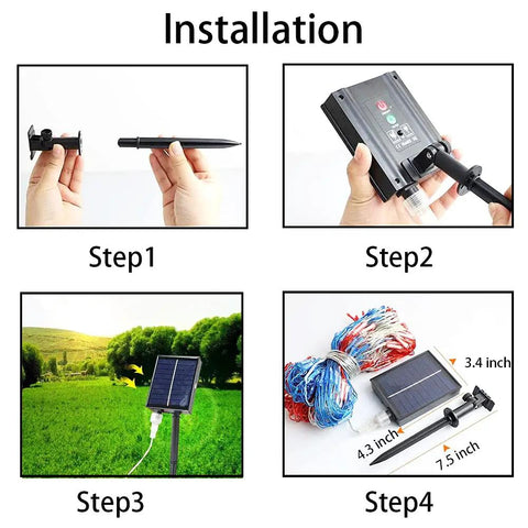 Installation steps for Lit Patriotic Outdoor Flag Lights With 420 LED, waterproof net lights with solar panel and stake setup.