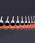10 Piece Half Round Leather Punch Set For Strap Ends And DIY Crafting Arc Shaped Cutter Punches In 5mm To 50mm Sizes displayed on a leather strip