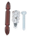 Beefy Hollow Wall Anchors Kit With 50 Zinc Drywall Anchors, 50 Screws, And Drill Bits Self Drilling, Tough Mounts For Pics, Shelves, Artwork, And Hollow Doors, Includes Reusable Storage Box. Drill bit, zinc anchors, and screw close-up.