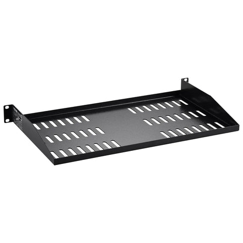Two Pack 1U Server Rack Shelves with vented cantilever tray for 19 inch racks shown from side, 10 inch deep heavy duty wall mount