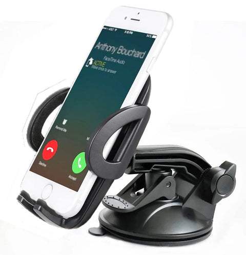 Heavy Duty Car Phone Mount With Grip Tight 3 Inch Sticky Gel Suction Cup Hella Secure Locking Lever For Dashboard Or Windshield Universal Smartphone Holder with a smartphone securely held in place.