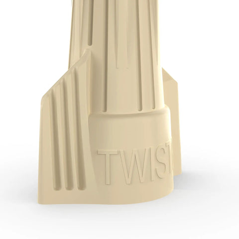 Tan Twist On Wire Connectors Box Of One Hundred For 22 To 8 AWG Electrical Lines With Ribbed Grip Caps And High Leverage Wings, closeup view.