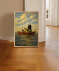Vintage Cat Rowboat Framed Wall Art Cozy Coastal Ocean Scene Print For Living Room Bedroom Dorm Office Retro Aesthetic Canvas