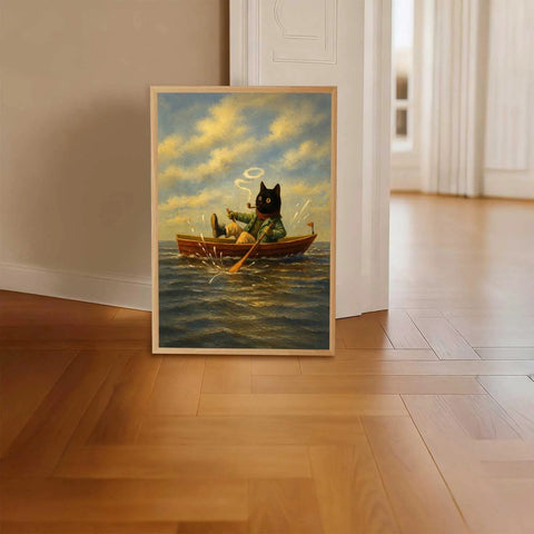 Vintage Cat Rowboat Framed Wall Art Cozy Coastal Ocean Scene Print For Living Room Bedroom Dorm Office Retro Aesthetic Canvas