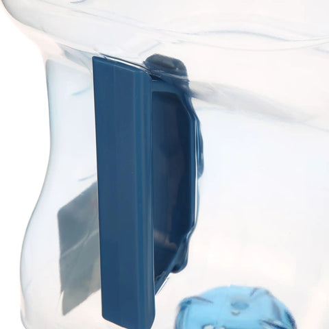 Close-up of blue handle on 3 Gallon Stackable Refillable Water Jug For Home And Camping Use BPA Free Food Grade Plastic Bottle With Leak Proof Screw Cap