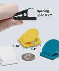 Eight Pack 1.16 Inch Anti Scratch Magnetic Clips With Silicone Coated Base For Fridge Magnets And Office Use Heavy Duty Hold Up To 110 Sheets In Multicolor showing size and clip tension.