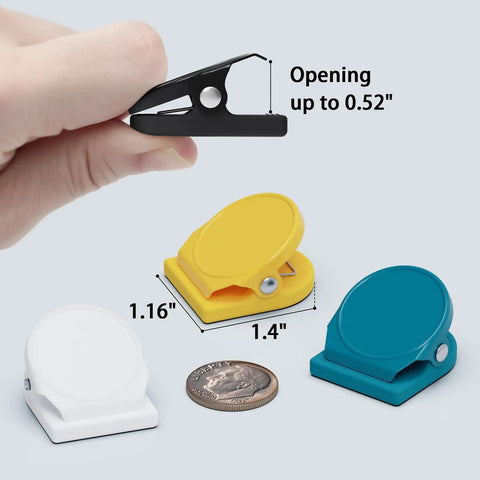 Eight Pack 1.16 Inch Anti Scratch Magnetic Clips With Silicone Coated Base For Fridge Magnets And Office Use Heavy Duty Hold Up To 110 Sheets In Multicolor showing size and clip tension.