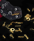 Massive 1000 Piece Quick Splice Crimp Spade Terminals Kit Includes Assortment Of 2.8mm 4.8mm 6.3mm Male And Female Wire Connectors With Insulating Sleeves For Car Audio And Electrical Wiring shown with tools and connectors.