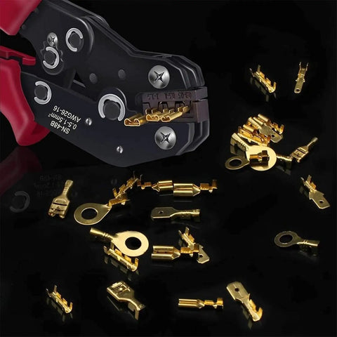 Massive 1000 Piece Quick Splice Crimp Spade Terminals Kit Includes Assortment Of 2.8mm 4.8mm 6.3mm Male And Female Wire Connectors With Insulating Sleeves For Car Audio And Electrical Wiring shown with tools and connectors.