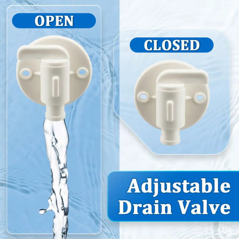 Universal RV Fresh Water Tank Drain Valve Replacement For 3/8 Or 1/2 Inch Hose Barb With Flange shown open and closed