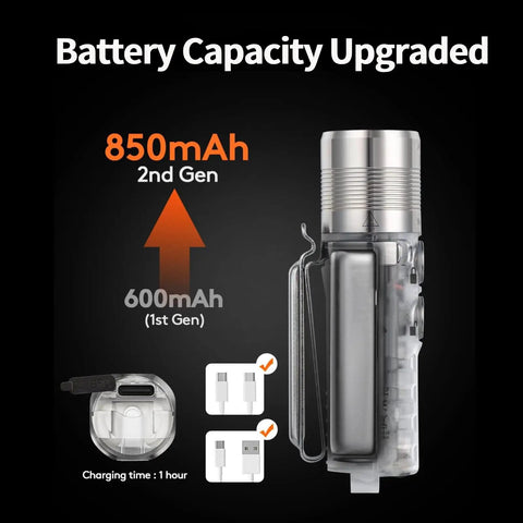 EDC USB C Rechargeable Flashlight With 1000 Lumen Output And 6500K Cool White showing upgraded 850mAh battery vs 600mAh