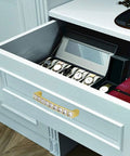Open drawer with Gold U Shape Crystal Glass Cabinet Knobs Set installed, sparkling pull on a dresser, showcasing its elegance and style.
