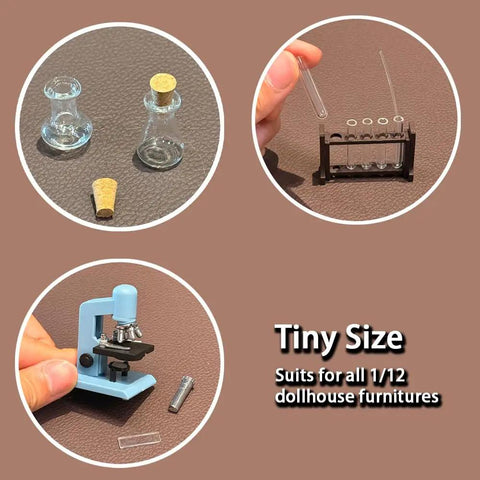 1/12 Scale Dollhouse Lab Accessories Kit With Microscope, Test Tubes And Flasks Dope Mini Science Set Made From Resin, Glass And Wood For Creative Play, Collectors, And Hobbyist Scientists. 1/12 dollhouse lab set with glass flasks, test tubes, and microscope