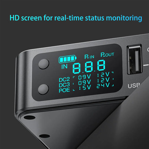 LCD display of Power Battery Backup For Router And CCTV System With 18000mAh 66Wh Battery Supports 12V 2A 9V 2A 24V 0.8A And PoE 15V1.3A