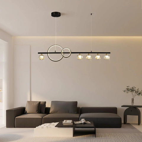 Lit Modern LED Chandelier With Remote 40W Black Five Light Linear Pendant Lighting With Crystal Lampshade in living room