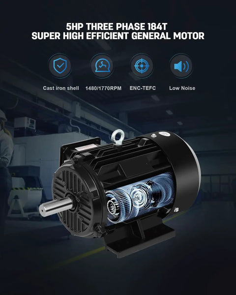 5HP Three Phase Electric Motor With 1480 And 1770 RPM, 184T Frame, showcasing a cast iron shell and TEFC design