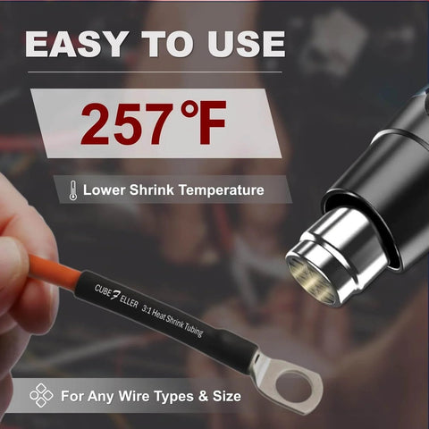 Three To One Ratio Heat Shrink Tubing Black Three Eighths Inch Nine Point Five Millimeter Dual Wall Adhesive Lined Marine Grade Waterproof Oil Proof Wear Resistant Insulation Sealing Twenty Feet ET2095B in use at 257°F with a heat tool.