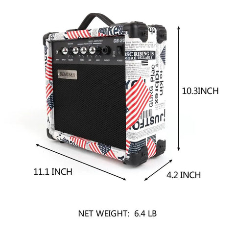 20W Portable Electric Bass Guitar Amplifier for Beginners with Headphone Jack and MP3 Playback Compact Travel Practice Amp, front view showing dimensions.