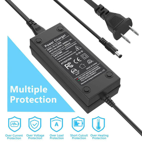 Versatile 42V 2A Scooter Charger With 6 In 1 Plugs For 36V Lithium Batteries, black charger unit showing multiple protection features.