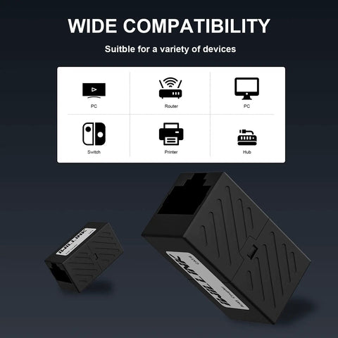 Female to Female RJ45 Ethernet Coupler Extender for Cat7 Cat6 Cat5e Cat5 Cables featuring wide device compatibility chart