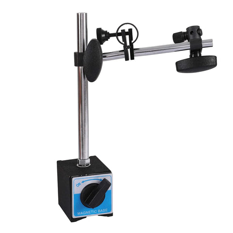 Dial indicator with magnetic base on an adjustable chrome arm stand; blue base label visible
