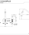 Technical drawing of Heritage 8 Inch Centerset Kitchen Faucet In Brushed Nickel With 360 Degree Swivel Spout No Sprayer Included Durable Washerless Cartridge Easy 3 Hole Install 1.8 GPM Flow