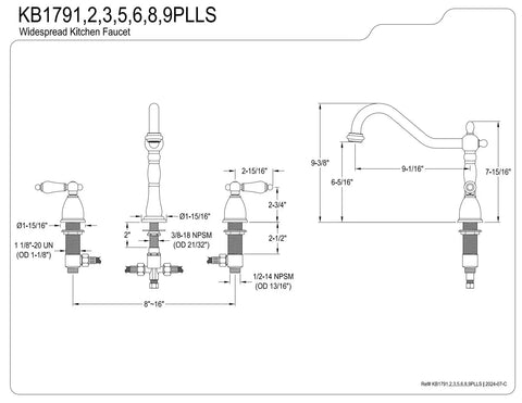 Technical drawing of Heritage 8 Inch Centerset Kitchen Faucet In Brushed Nickel With 360 Degree Swivel Spout No Sprayer Included Durable Washerless Cartridge Easy 3 Hole Install 1.8 GPM Flow