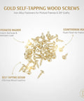 Gold Self-Tapping Picture Frame Screws With Integrated Washers For DIY Crafts, Countersunk Head Iron Alloy Wood Fasteners.
