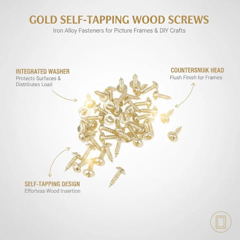 Gold Self-Tapping Picture Frame Screws With Integrated Washers For DIY Crafts, Countersunk Head Iron Alloy Wood Fasteners.