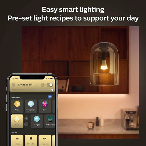 Smart A21 Led Bulb Delivers Cozy Soft Warm White Light Equivalent To 100 Watts lit in a pendant lamp controlled by phone app