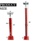 Four red basement jack posts, shown from front and side, with base plates; adjustable 18.5–34.6 in, 4400 lb capacity.