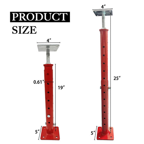 Four red basement jack posts, shown from front and side, with base plates; adjustable 18.5–34.6 in, 4400 lb capacity.