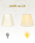 Deep Empire Beige Lamp Shade With Side Pleat Finish Silk Look Shantung Material 10 Inch Top 20 Inch Bottom 15 Inch Tall Easy To Install Classic Neutral Glow For Home Decor shown unlit vs lit