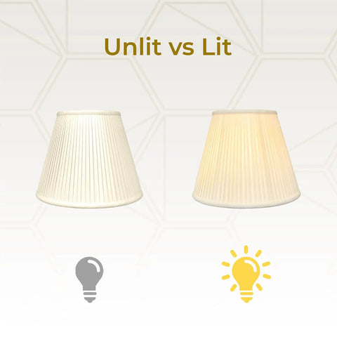 Deep Empire Beige Lamp Shade With Side Pleat Finish Silk Look Shantung Material 10 Inch Top 20 Inch Bottom 15 Inch Tall Easy To Install Classic Neutral Glow For Home Decor shown unlit vs lit