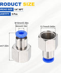 5 Pack Push To Connect Pneumatic Fittings 1/4 Inch NPT Female, 0.16 Inch Tube OD, Nickel Plated Brass Straight Quick Connect Adapters, Air Line Fittings For Factory Pneumatic Systems, Blue.
