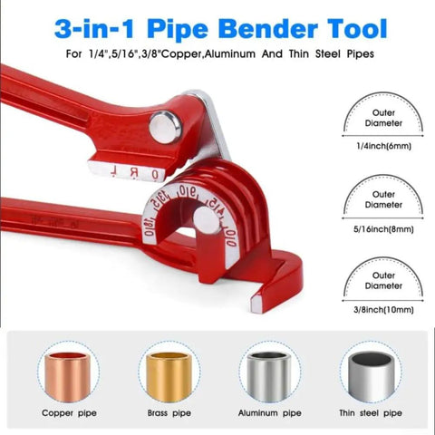 Heavy Duty Manual Tube Bender For Copper Aluminum Steel Brass Pipes, 3-in-1 tool for various pipe diameters, clear angle markings.