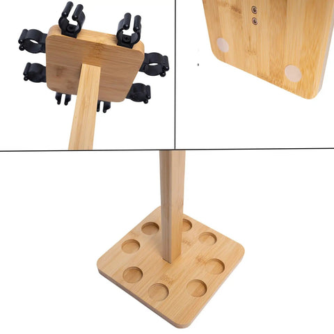 Eight Rod Floor Stand For Fishing Poles Bamboo Base Storage Rack with soft ring protectors visible, top and base details