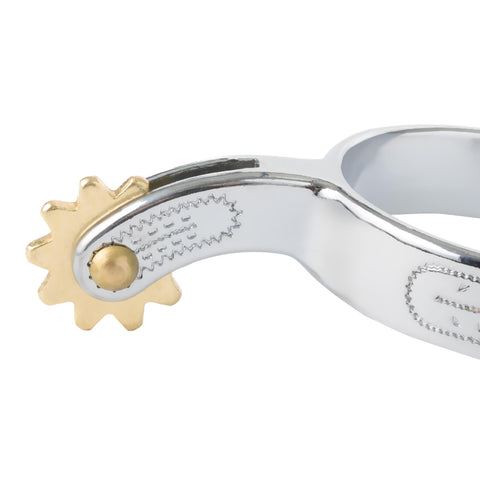 Kids Spur Set Chrome Plated With Engraved Band, 1 1/4 Inch Shank, 1/2 Inch Wide Band, 10 Point Rowel, Sold Per Pair, Kid Friendly Equestrian Spurs For Young Riders, Durable And Safe Chrome Finish