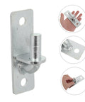 Four Pack Heavy Duty Wall Mount Gate Hinges With Included Mounting Screws Rock Solid Offset Swing Farm Barn Fence Hardware Built Tough With Straight Up Reliable Performance Always, close-up of hinge detail with mounting plate.